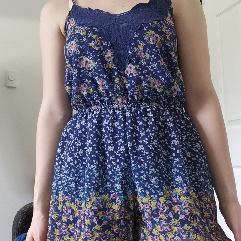Xhilaration Floral Lace Trim Jumpsuit - Blue and Yellow